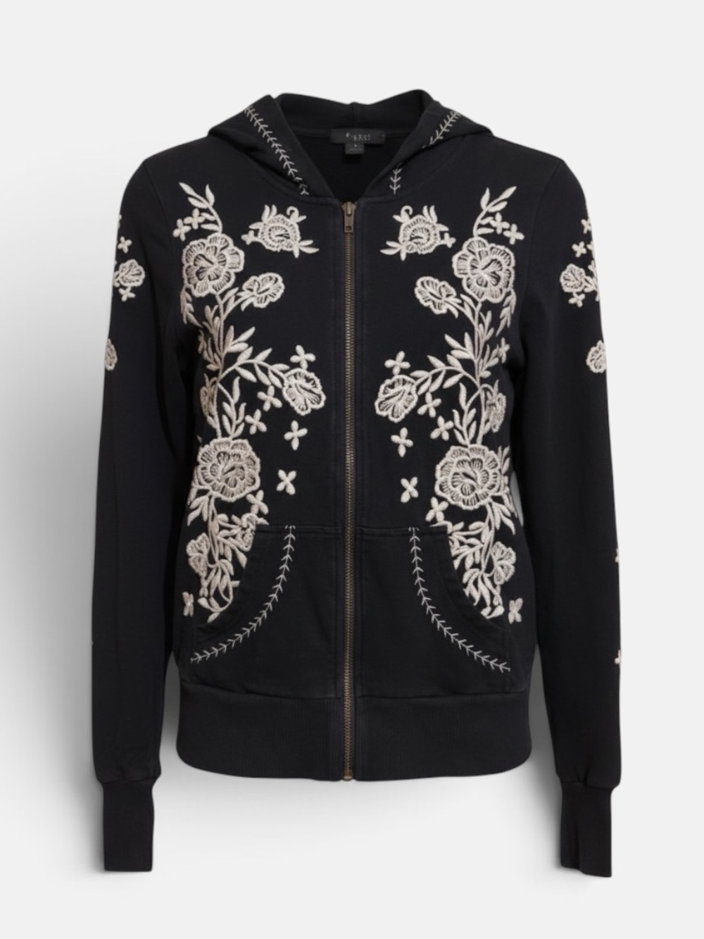 Y2K Black Zip Up Hoodie With Intricate White Floral Embroidery Fairy Grunge Boho - Picture 1 of 10